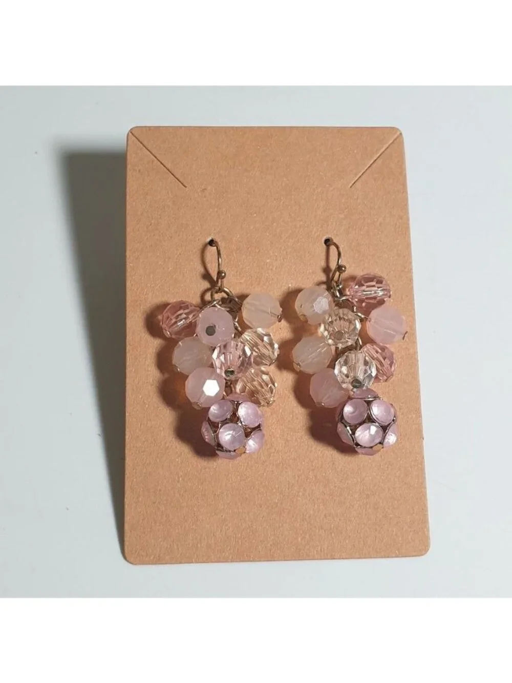 Pink Beaded Drop Earrings Silver Tone Hook Crystal Cluster Lightweight Costume